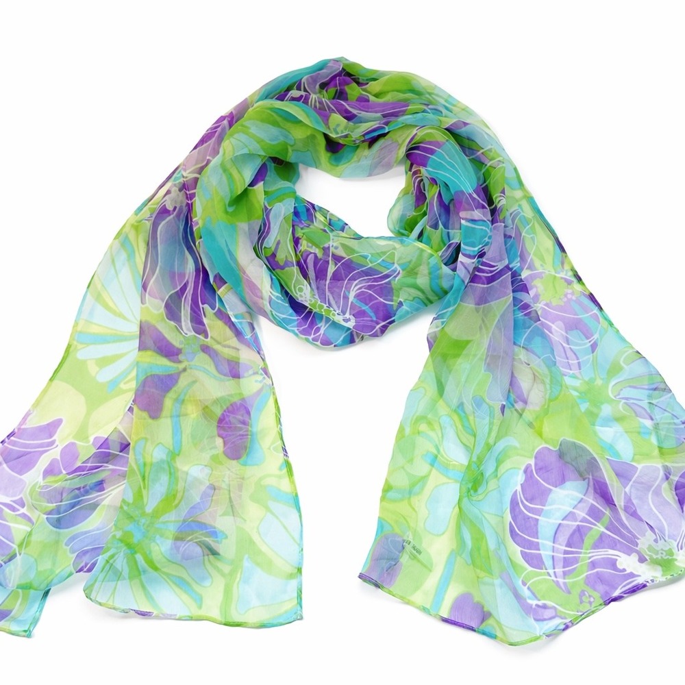 TADASHI Women's Sheer Floral Print‎ Scarf Wrap Purple Green Aqua